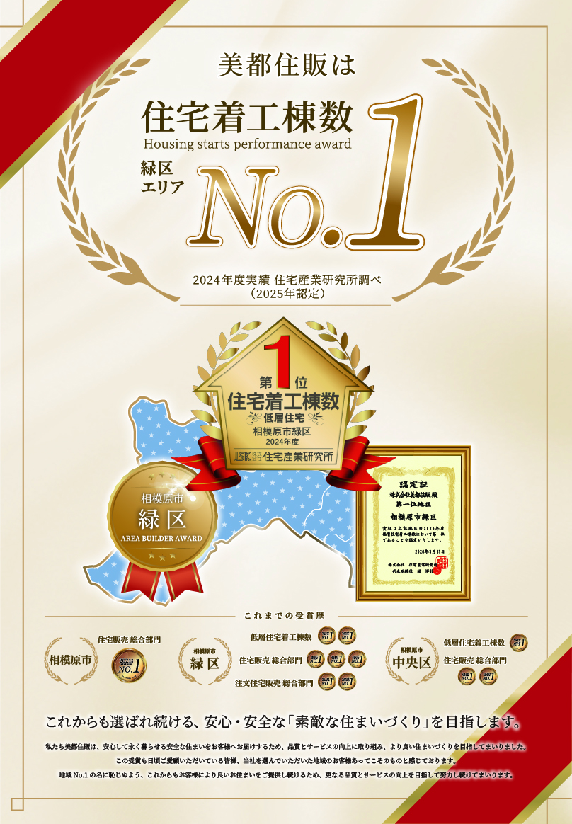 美都住販は2024年度も住宅着工棟数No.1! 2024年度実績 住宅産業研究所調べ（2025年認定）